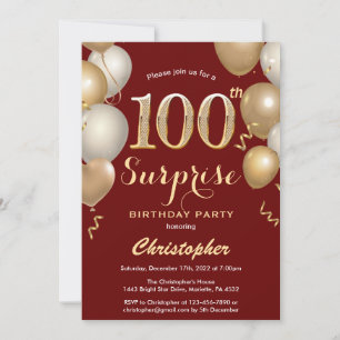 Surprise 100th Birthday Dark Red and Gold Balloons Invitation