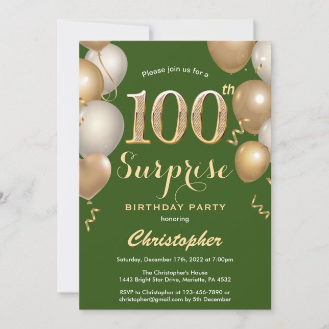 Surprise 100th Birthday Green and Gold Balloons Invitation (Front)