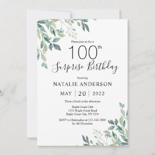 Surprise 100th Birthday Green Eucalyptus Greenery Invitation