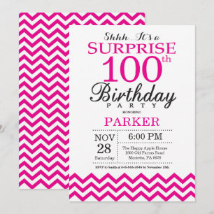 Surprise 100th Birthday Hot Pink Chevron Invitation