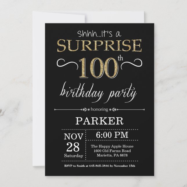 Surprise 100th Birthday Invitation Black and Gold (Front)