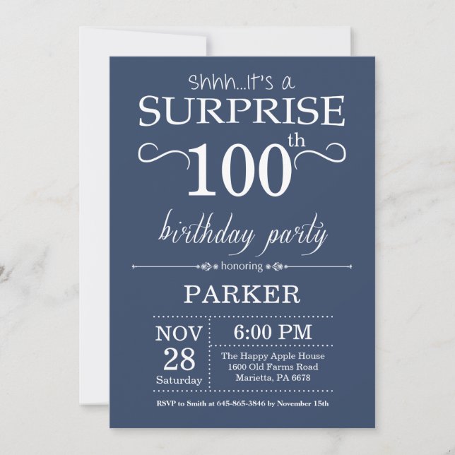 Surprise 100th Birthday Invitation Blue (Front)