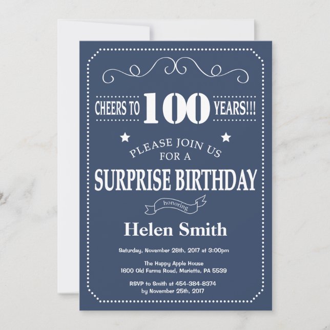 Surprise 100th Birthday Invitation Blue and Whit (Front)