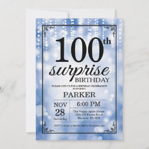 Surprise 100th Birthday Invitation Blue Glitter