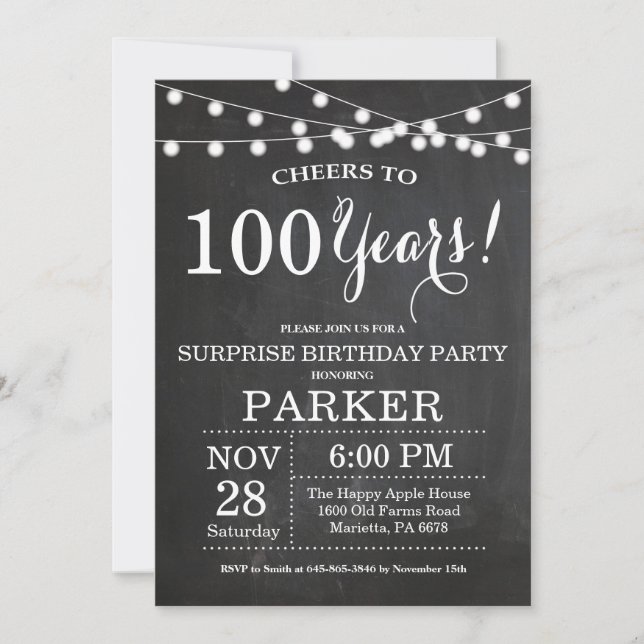 Surprise 100th Birthday Invitation Chalkboard (Front)