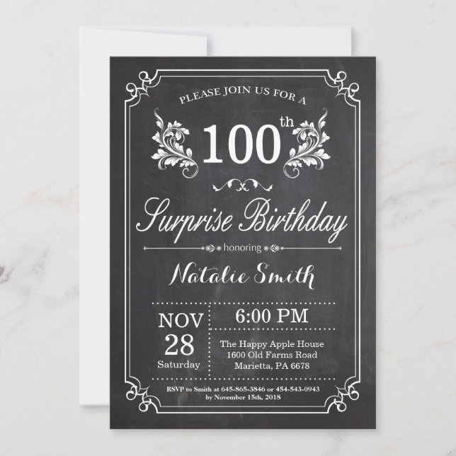 Surprise 100th Birthday Invitation Chalkboard (Front)