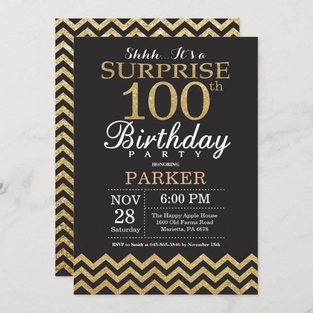 Surprise 100th Birthday Invitation Gold Glitter (Front/Back)