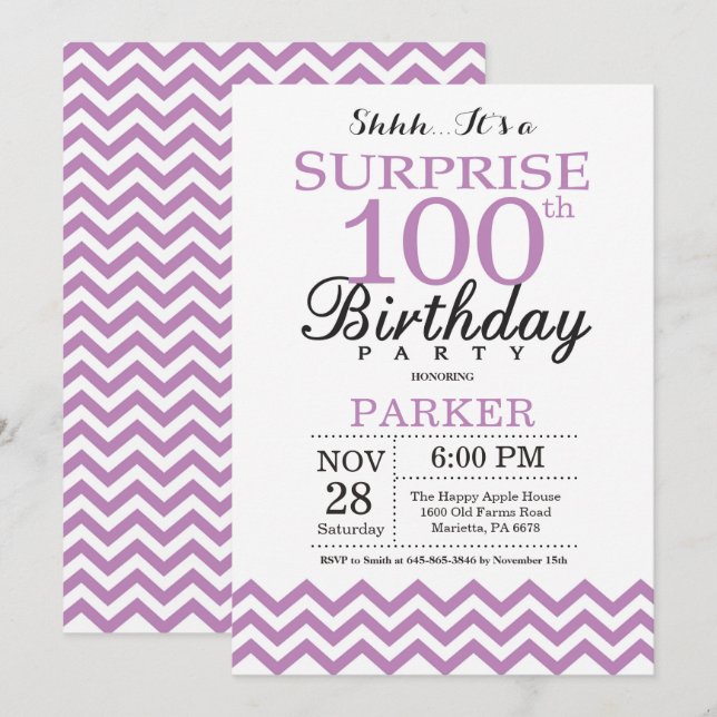 Surprise 100th Birthday Invitation Purple Chevron (Front/Back)