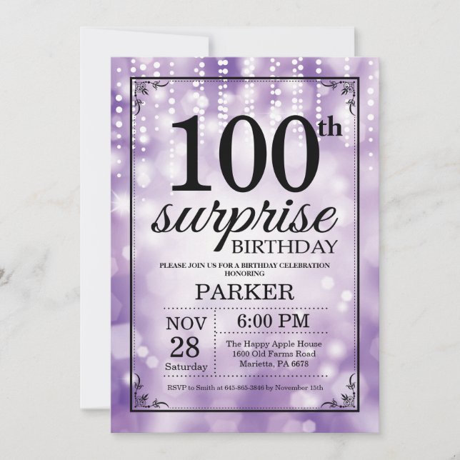 Surprise 100th Birthday Invitation Purple Glitter (Front)