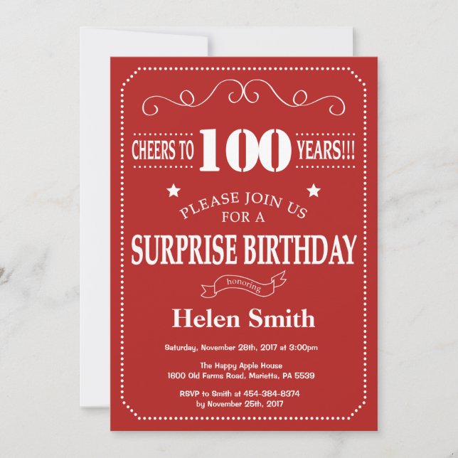 Surprise 100th Birthday Invitation Red and White (Front)