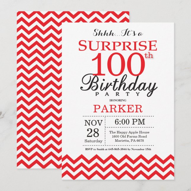 Surprise 100th Birthday Invitation Red Chevron (Front/Back)