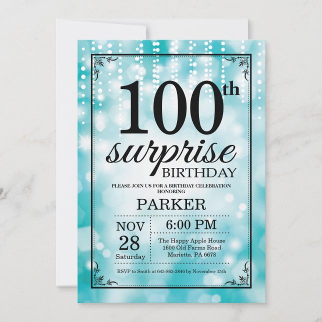 Surprise 100th Birthday Invitation Teal Glitter (Front)