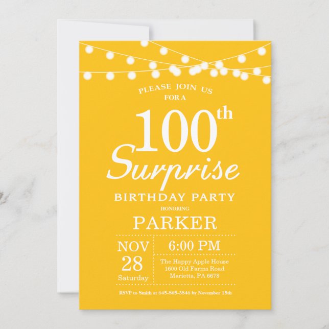Surprise 100th Birthday Invitation Yellow (Front)