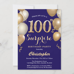 Surprise 100th Birthday Navy Blu and Gold Balloons Invitation