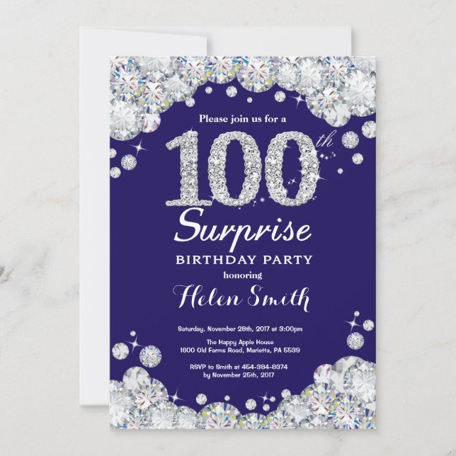 Surprise 100th Birthday Navy Blue Silver Diamond Invitation (Front)