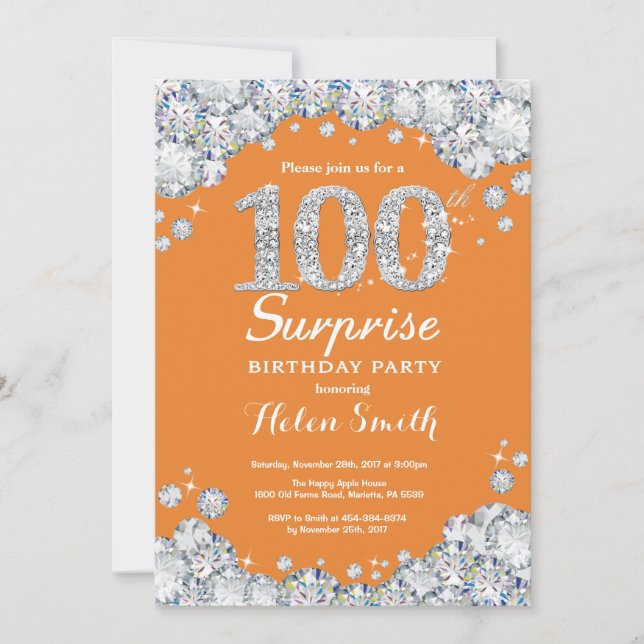 Surprise 100th Birthday Orange and Silver Diamond Invitation (Front)