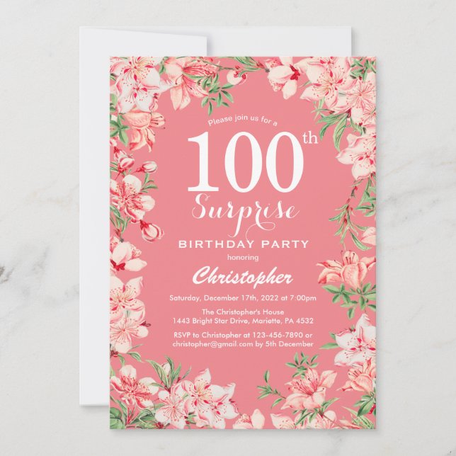Surprise 100th Birthday Pink Boho Botanical Floral Invitation (Front)
