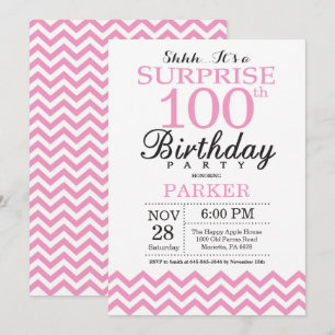 Surprise 100th Birthday Pink Chevron Invitation
