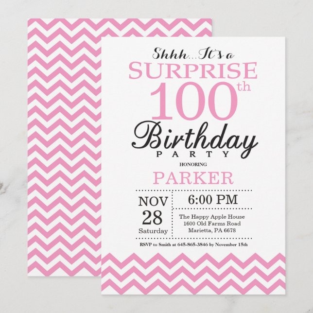Surprise 100th Birthday Pink Chevron Invitation (Front/Back)
