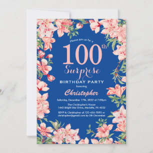 Surprise 100th Birthday Pink Floral Flowers Blue Invitation