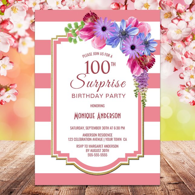 Surprise 100th Birthday Pink Striped Floral Party Invitation (Creator Uploaded)