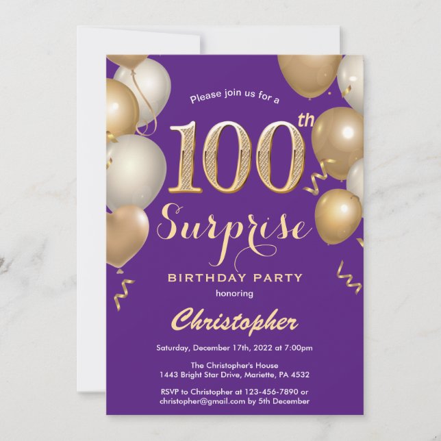 Surprise 100th Birthday Purple and Gold Balloons Invitation (Front)