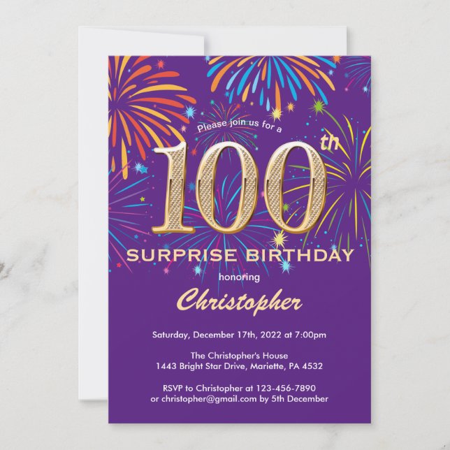 Surprise 100th Birthday Purple and Gold Firework Invitation (Front)