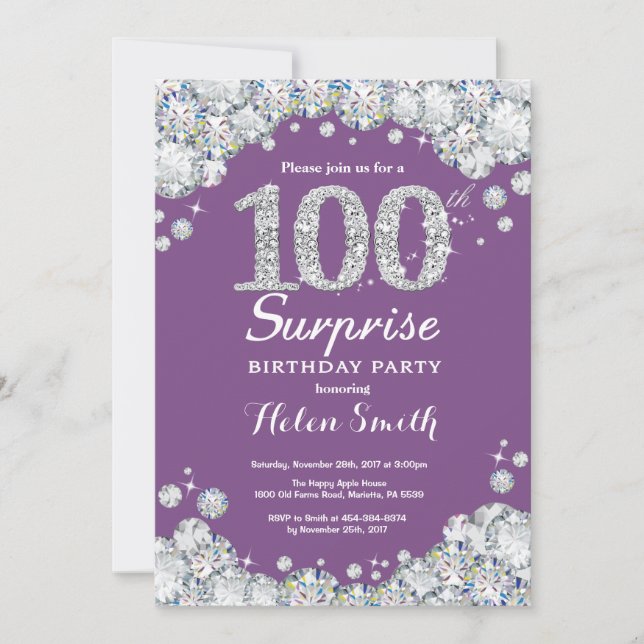 Surprise 100th Birthday Purple and Silver Diamond Invitation (Front)