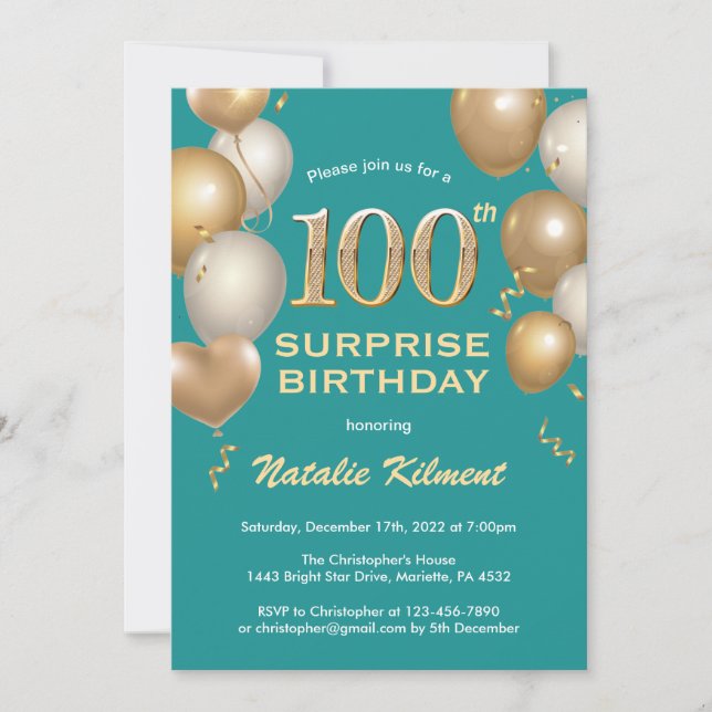 Surprise 100th Birthday Teal and Gold Balloons Invitation (Front)