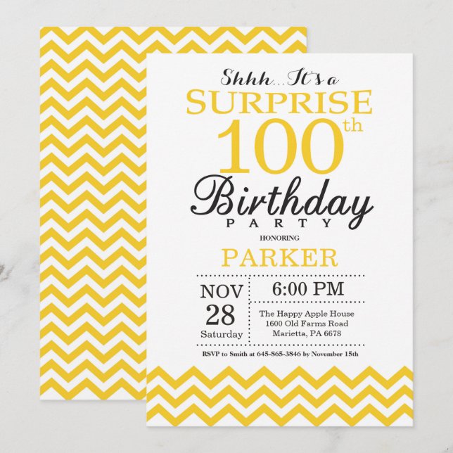 Surprise 100th Birthday Yellow Chevron Invitation (Front/Back)