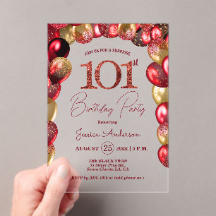 Surprise 101st B-day Party Gold Burgundy Glitter Acrylic Invitations