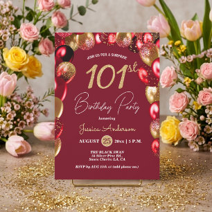 Surprise 101st B-day Party Gold Burgundy Glitter Invitation