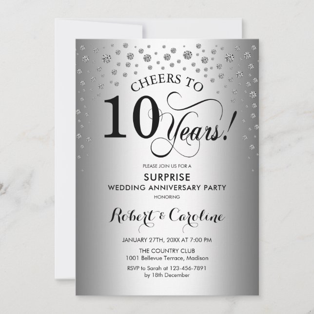 Surprise 10th Anniversary Party - Silver Black Invitation (Front)