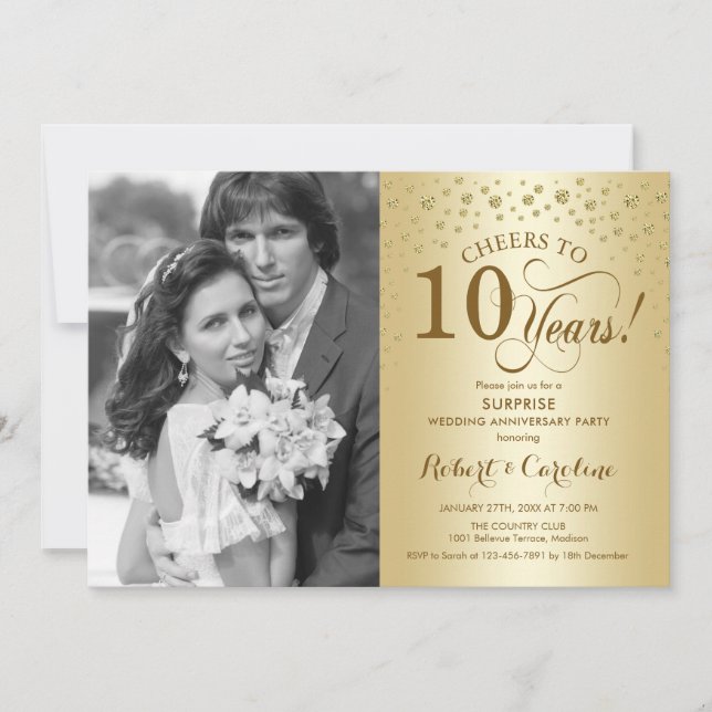 Surprise 10th Anniversary with Photo Gold Elegant Invitation (Front)