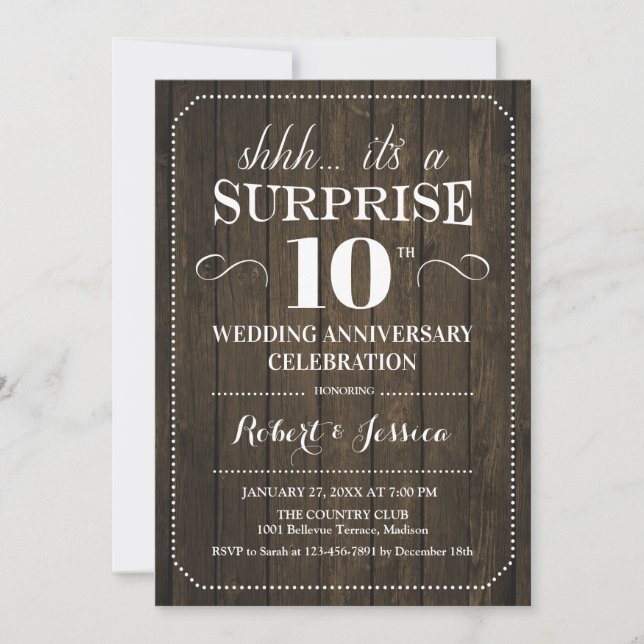 Surprise 10th Wedding Anniversary - Rustic Wood Invitation (Front)