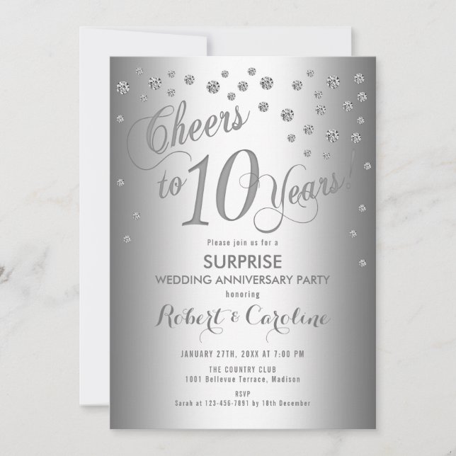Surprise 10th Wedding Anniversary - Silver Invitation (Front)