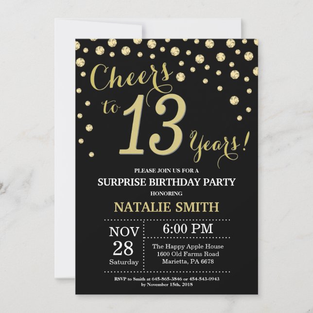 Surprise 13th Birthday Black and Gold Diamond Invitation (Front)