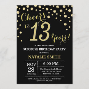 Surprise 13th Birthday Black and Gold Diamond Invitation