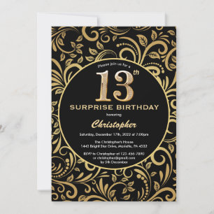 Surprise 13th Birthday Black and Gold Floral Invitation
