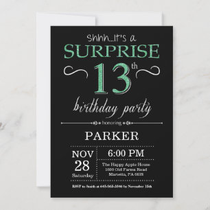 Surprise 13th Birthday Black and Green Glitter Invitation