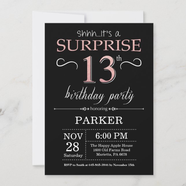 Surprise 13th Birthday Black and Rose Pink Gold Invitation (Front)