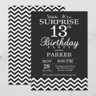 Surprise 13th Birthday Black and White Chevron Invitation
