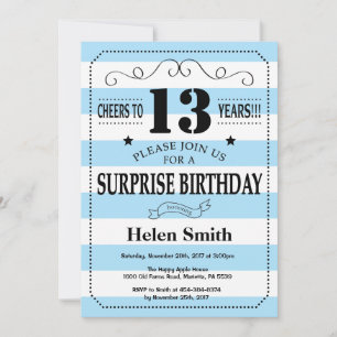 Surprise 13th Birthday Blue and White Stripes Invitation