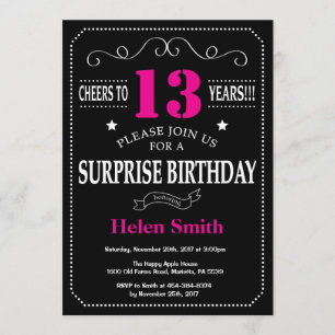 Surprise 13th Birthday Hot Pink and Black Invitation