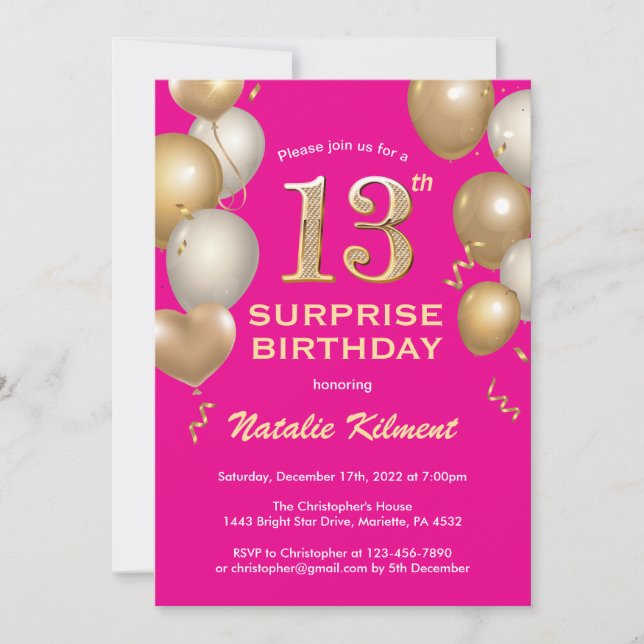 Surprise 13th Birthday Hot Pink and Gold Balloons Invitation (Front)