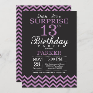 Surprise 13th Birthday Invitation Black and Purple