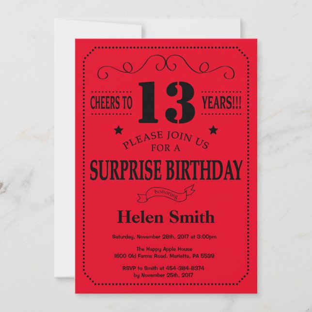 Surprise 13th Birthday Invitation Black and Red (Front)
