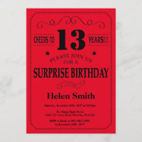 Surprise 13th Birthday Invitation Black and Red