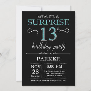 Surprise 13th Birthday Invitation Black and Teal