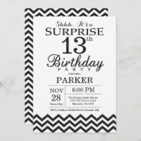 Surprise 13th Birthday Invitation Black Chevron
